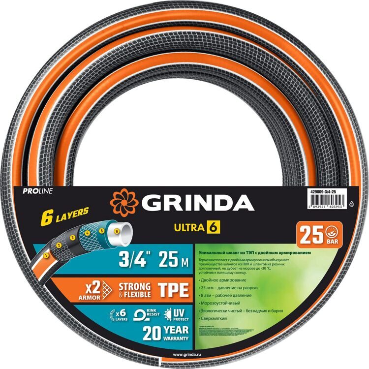 GRINDA ULTRA 6, 3/4″, 25 м, 25 атм, поливочный шланг